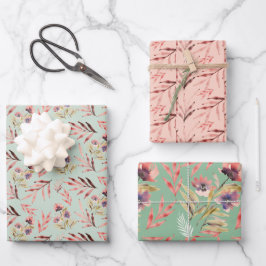 Boho Red Pink Green Watercolor Wildflocken Geschenkpapier Set