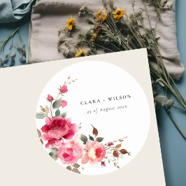 Boho Red Pink Rose Blume Wasserfarbenhochzeit Runder Aufkleber