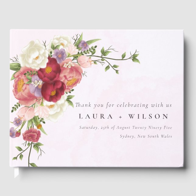 Boho Red Pink White Rose Blume Hochzeit Gästebuch (Vorderseite)