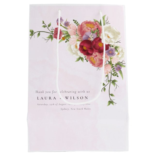 Boho Red Pink White Rose Blume Wedding Medium Mittlere Geschenktüte (Rückseite)