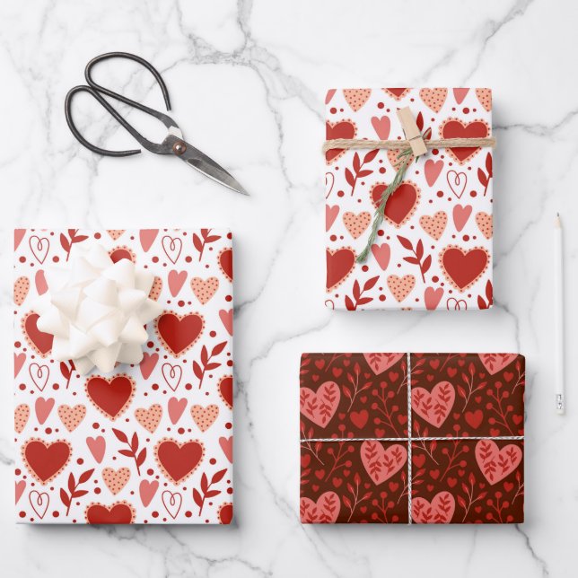 Boho Red Pink White Valentine Herzmuster Geschenkpapier Set (Vorderseite)