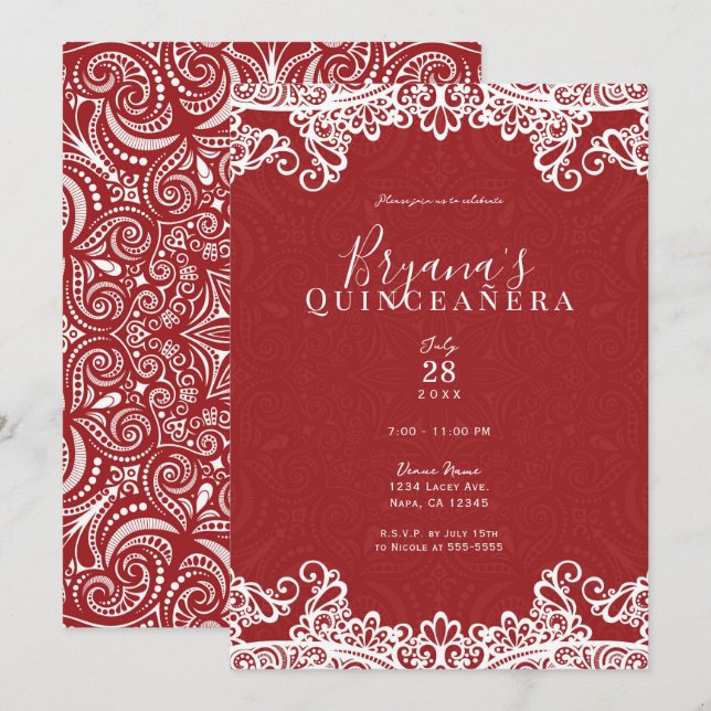 Boho Red White Lace Bold 15. 15 Quinceañera Party Einladung (Vorne/Hinten)