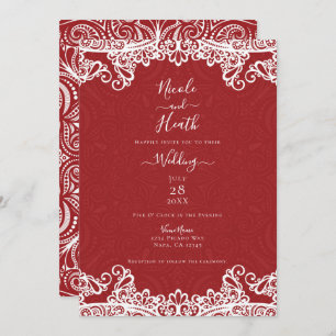 Boho Red & White Lace Bold Pattern Wedding Einladung