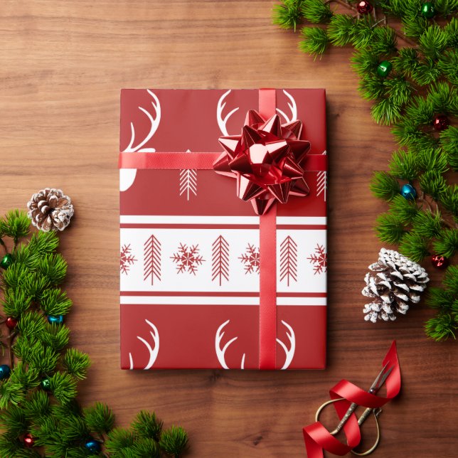 Boho Red White Reindeer Snowflake Weihnachten Geschenkpapier (Feiertagsgeschenk)