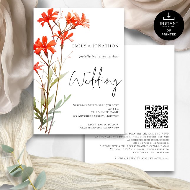 Boho Red Wildblumen QR Code Script Hochzeit Einladung (Front and back view)