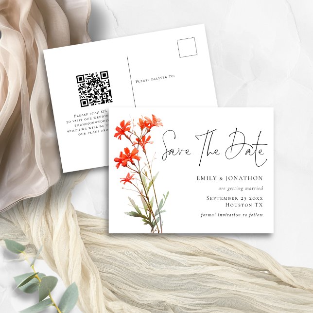 Boho Red Wildblumen QR-Skript Save the Date Postkarte (Von Creator hochgeladen)