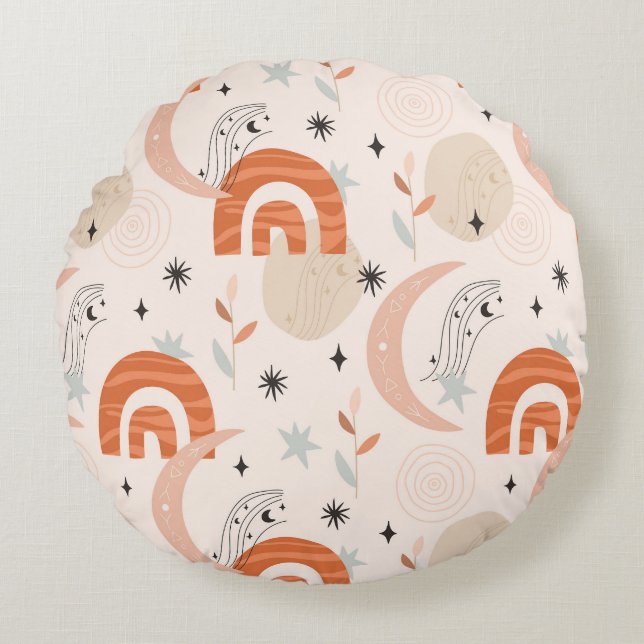 Boho Regenbogen abstrakte Linien Mond Stars Blume Rundes Kissen (Vorderseite)