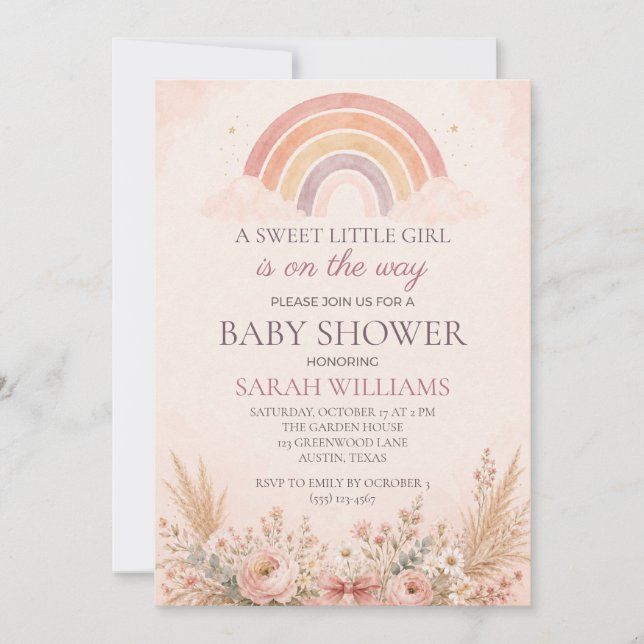 Boho-Regenbogen-Baby-Mädchen-Party Einladung (Vorderseite)
