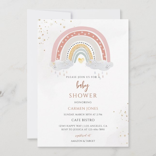 Boho-Regenbogen-Baby-Party Einladung (Vorderseite)