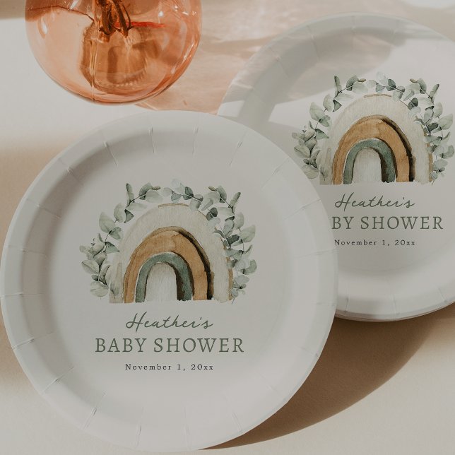 Boho-Regenbogen-Babyparty Pappteller (Boho Eucalyptus Rainbow Baby Shower Paper Plates Table Decor by Painted Paperie
)