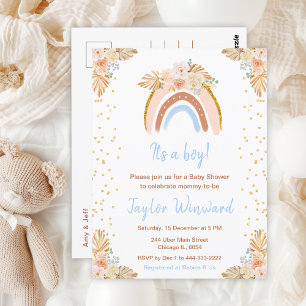 Boho-Regenbogen Blaue Babyparty Postkarte