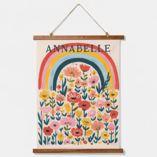 Boho-Regenbogen-Blumen-Illustration Vorname Wandteppich Mit Holzrahmen