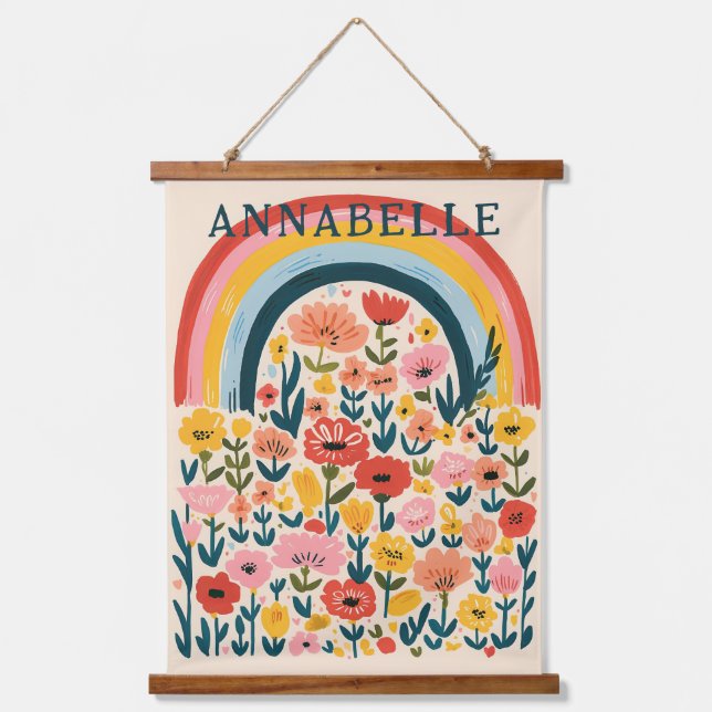 Boho-Regenbogen-Blumen-Illustration Vorname Wandteppich Mit Holzrahmen (Vorderseite)