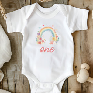 Boho-Regenbogen-Blumen-Pastell "Eins" Erster Gebur Baby Strampler