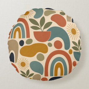 Boho-Regenbogen & Botanisches Nahtloses Muster Rundes Kissen