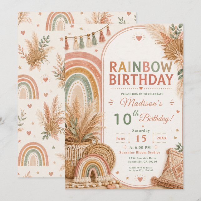 Boho-Regenbogen-Geburtstagsfeier Einladung (Vorne/Hinten)