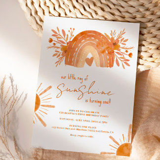 Boho Regenbogen kleine Sonne orange 1. Geburtstag Einladung