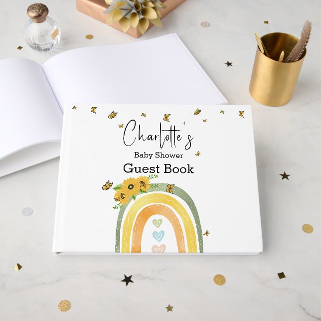 Boho-Regenbogen mit Sonnenblumen-Baby-Party Gästebuch (Vorderseite Offen)