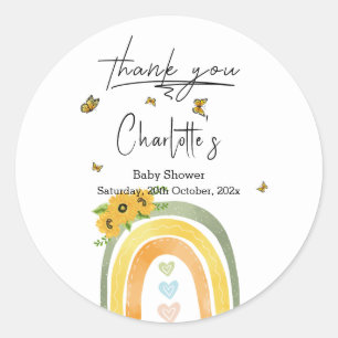 Boho-Regenbogen mit Sonnenblumen-Baby-Party Runder Aufkleber