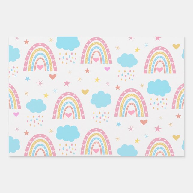 Boho Regenbogen Muster mit Wolken pastellfarben Geschenkpapier Set (Vorderseite)