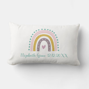 Boho-Regenbogen-Rosa-Türkis-Gold-Herzen-Geburtsdat Lendenkissen
