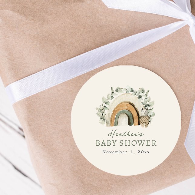 Boho-Regenbogen Runder Aufkleber (Boho Rainbow Classic Round Baby Shower Sticker by Painted Paperie)