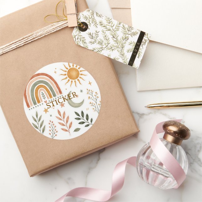 Boho-Regenbogen-Sonne-Mond-Botanik-Aufkleberbogen Runder Aufkleber (Schenken)
