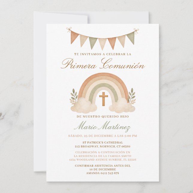 Boho-Regenbogen spanischer Junge Primera-Comunión- Einladung (Vorderseite)
