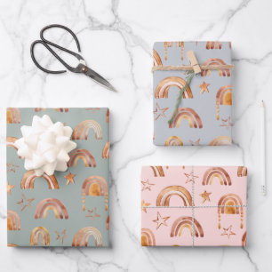 Boho-Regenbogen-Sterne-Baby-Party Blau Rosa Grün Geschenkpapier Set