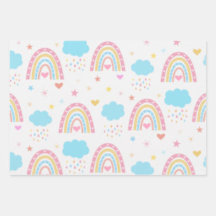 Boho-Regenbogenmuster mit Wolken Pastell Geschenkpapier Set