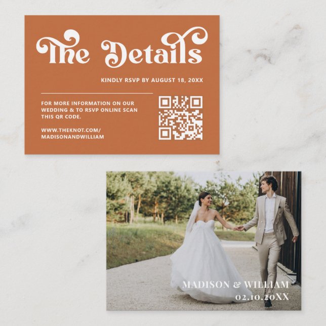 Boho Retro 70er Burnt Orange Wedding Website Begleitkarte (Vorne/Hinten)