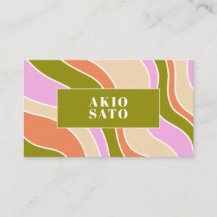Boho Retro Abstrakt Wavy Lines Pink Green Visitenkarte