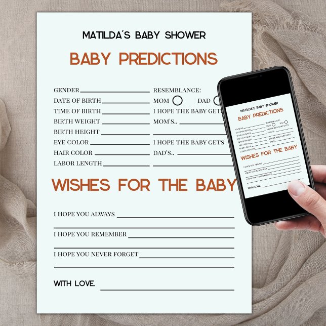 Boho Retro Baby Predictions und wünscht Babydusche Karte (baby predictions and wishes for the baby, baby shower games, retro baby shower, boho sun)