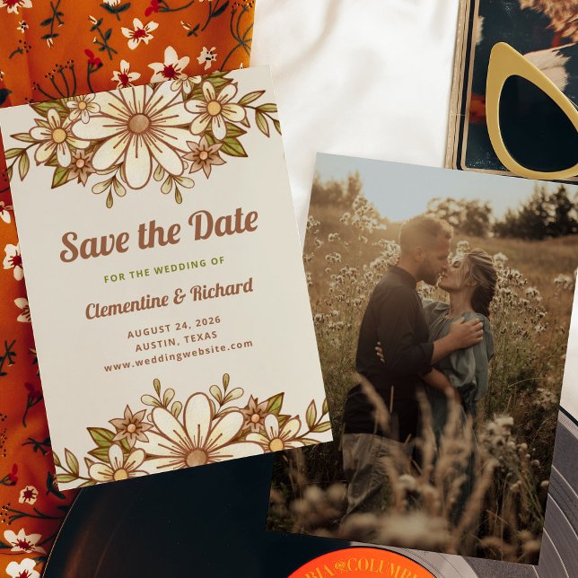 Boho Retro Blume | Foto Back Wedding Save The Date (A retro-inspired wedding save the date card with vintage style flowers and typography and your photo)