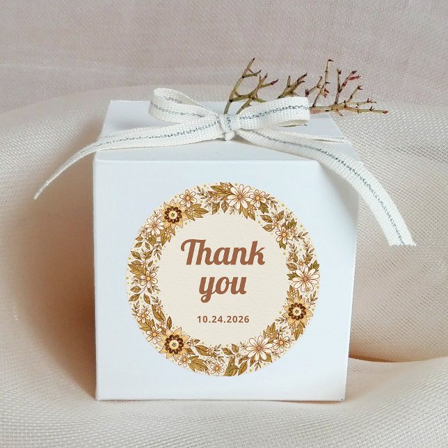 Boho Retro Blume | Hochzeit Danke Runder Aufkleber (A vintage style thank you sticker with retro script and flowers)