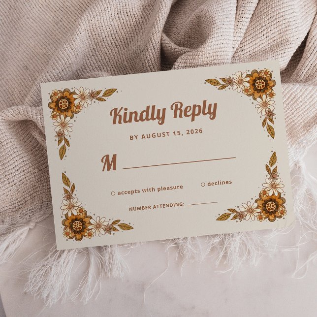 Boho Retro Blume | Hochzeit RSVP Karte (A trendy, neutral wedding rsvp card with retro flowers)