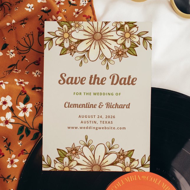 Boho Retro Blume | Hochzeit Save The Date (A retro-inspired wedding save the date card with vintage style flowers and typography)