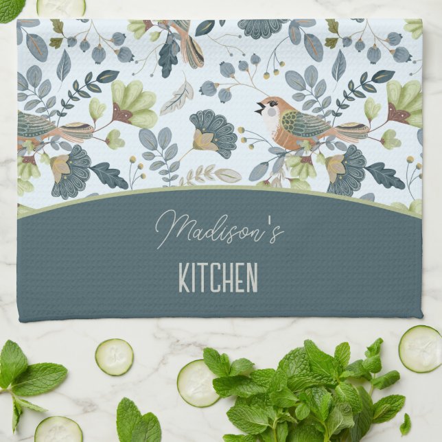 Boho Retro Blumen- und Vögelmuster Name Geschirrtuch (Gefaltet)