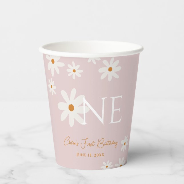 Boho Retro Blush Pink Daisy Erster Geburtstag Pappbecher (Vorderseite)
