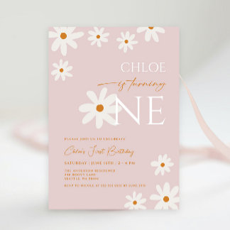 Boho Retro Blush Pink Daisy Girl Erster Geburtstag Einladung