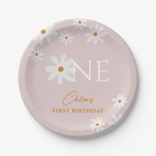 Boho Retro Blush Pink Daisy Girl Erster Geburtstag Pappteller