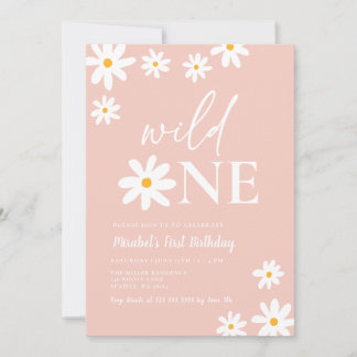 Boho Retro Blush Pink Daisy Wild 1. Geburtstag Einladung