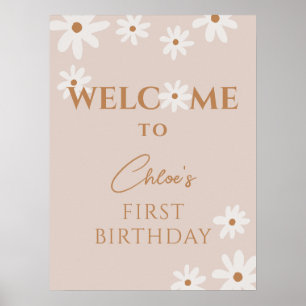 Boho Retro Brown Daisy Girl Geburtstag Willkommen Poster