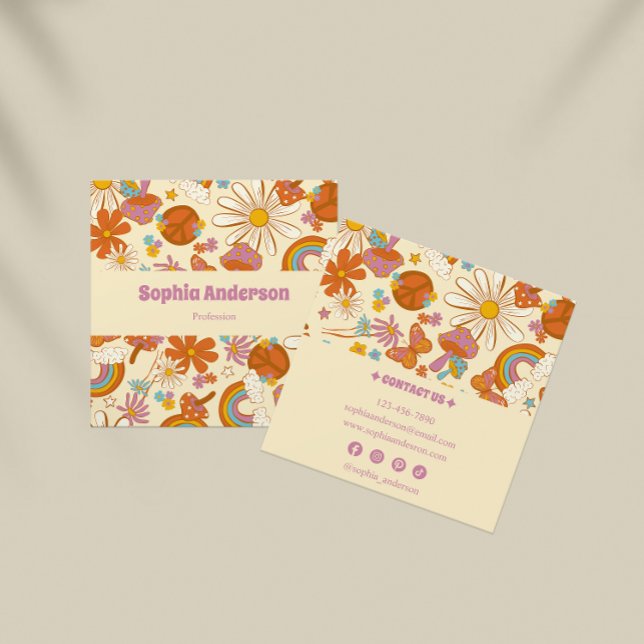 Boho Retro Business Card mit Pastell 70er Floral Quadratische Visitenkarte (Von Creator hochgeladen)