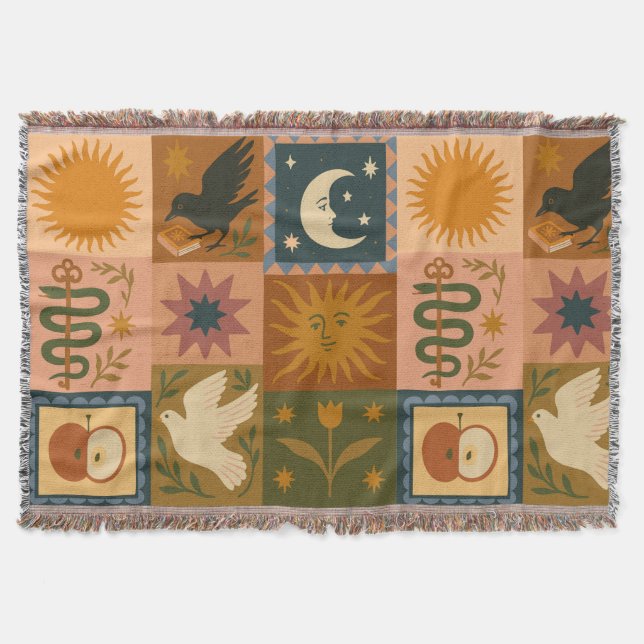 Boho Retro Celestial Sun Moon Decke (Vorderseite)