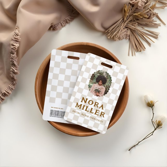 Boho Retro Checkered Pattern Foto ID Strichcode Ausweis (Boho Retro Checkered Pattern Photo ID Barcode Badge)