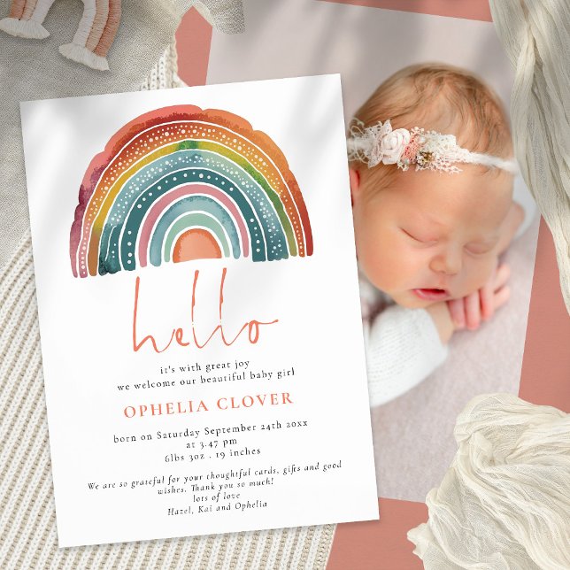 Boho Retro Colored Rainbow Foto Birth Ankündigung (Von Creator hochgeladen)