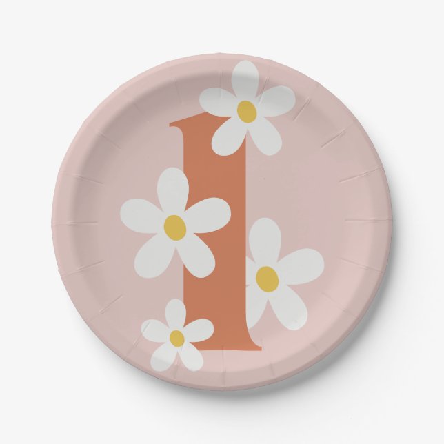 Boho Retro Daisy 1. Groovy Birthday Pappteller (Vorderseite)