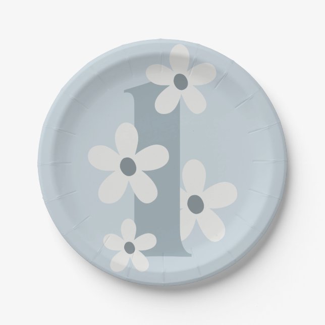 Boho Retro Daisy 1st Blue Groovy Birthday Pappteller (Vorderseite)