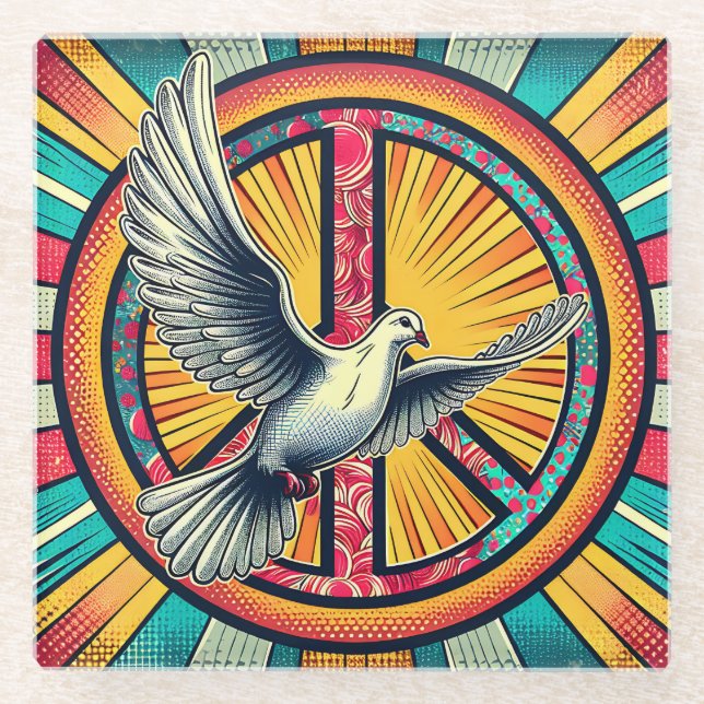 Boho Retro Dove und Peace Sign Glasuntersetzer (Vorderseite)